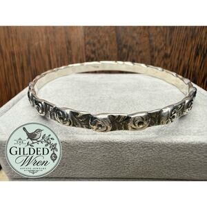 Sterling Silver 3D Rose Floral Bangle Bracelet 2.5” Opening 24.52g